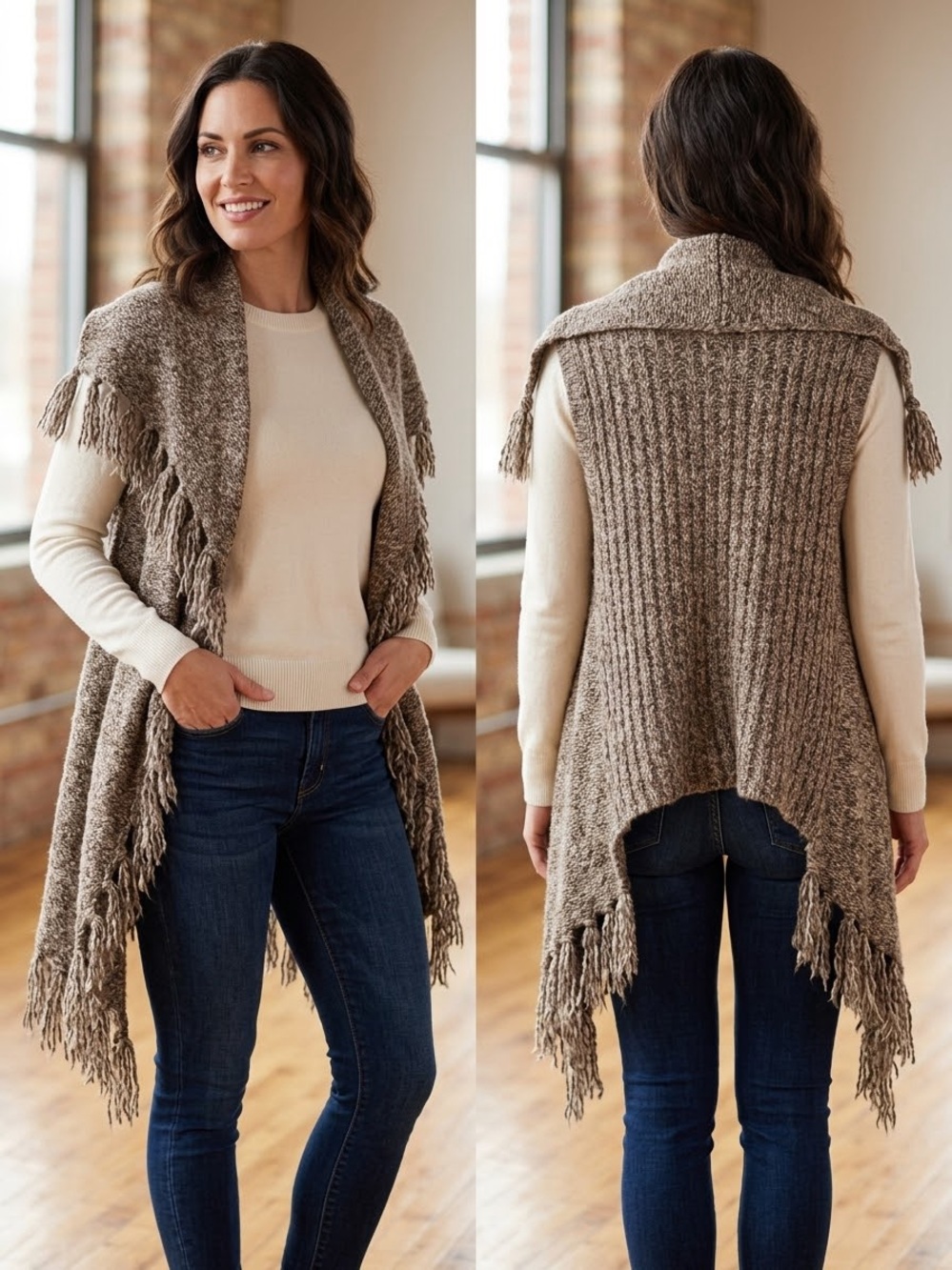 Kensie Women's Chunky Knit Marled Fringe Draped Open Front Vest Size S
